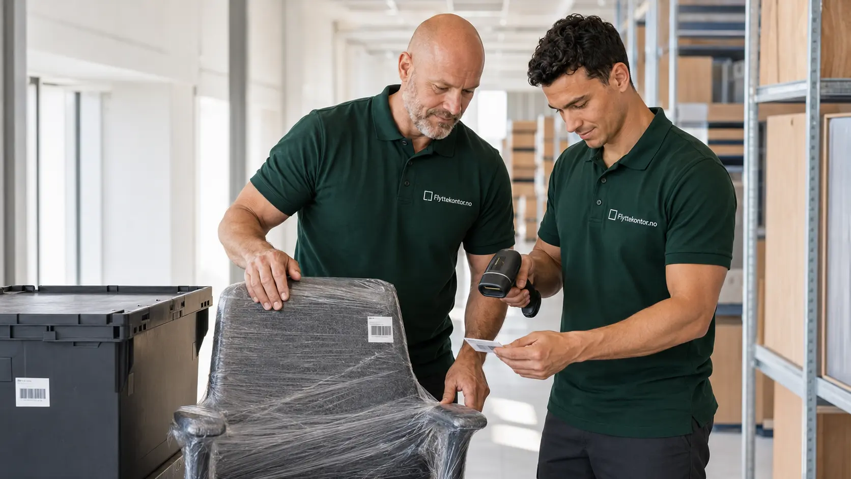 Bedrift kartlegger og registrerer kontormøbler før flytting og mellomlagring
