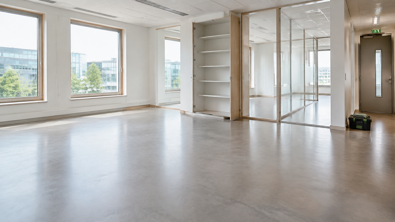 Ryddig kontorlokale etter at overskuddsmøbler er solgt og hentet ut