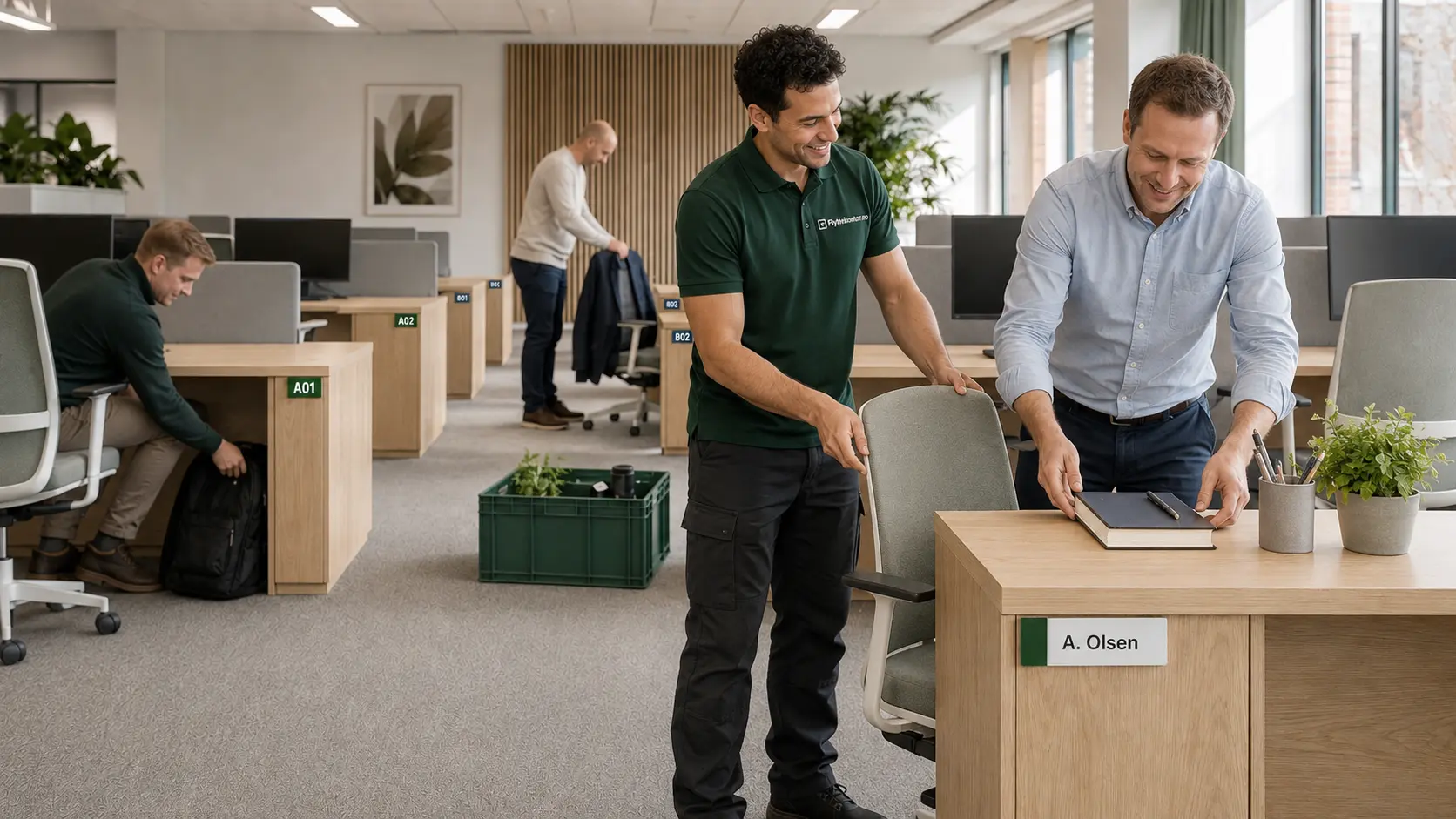 Flyttepersonell bistår med innflytting og plassering av kontorstoler på merkede arbeidsplasser