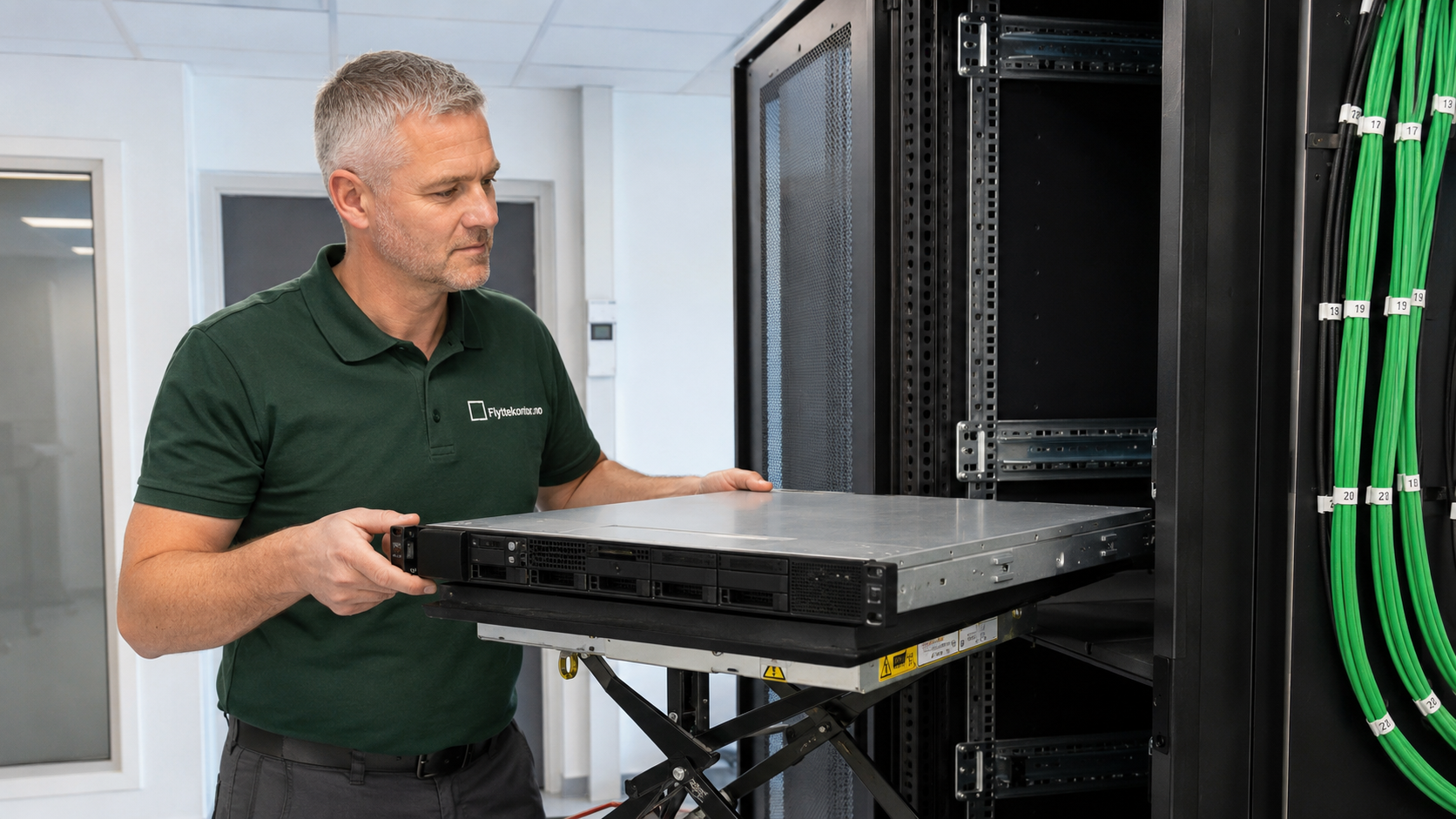 Flytter tar server ut av serverrack med løftebord ved flytting av IT-utstyr og servere