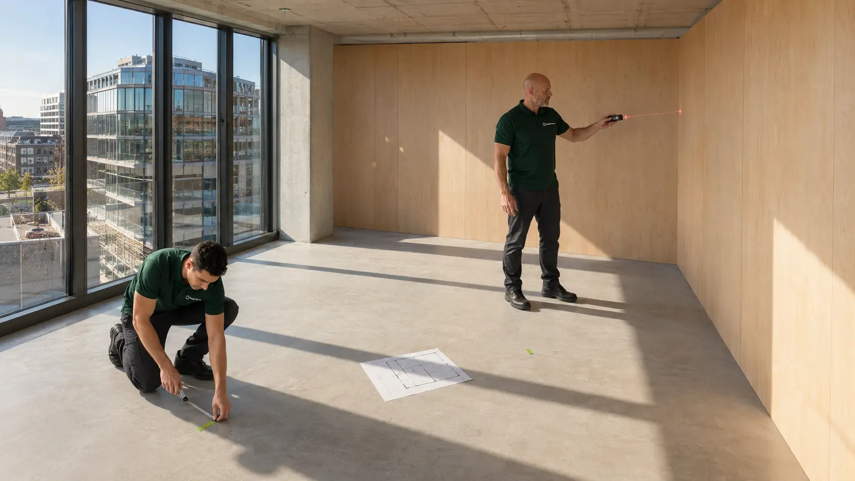 To ansatte måler opp planløsning i et tomt kontorlokale med laser og målebånd