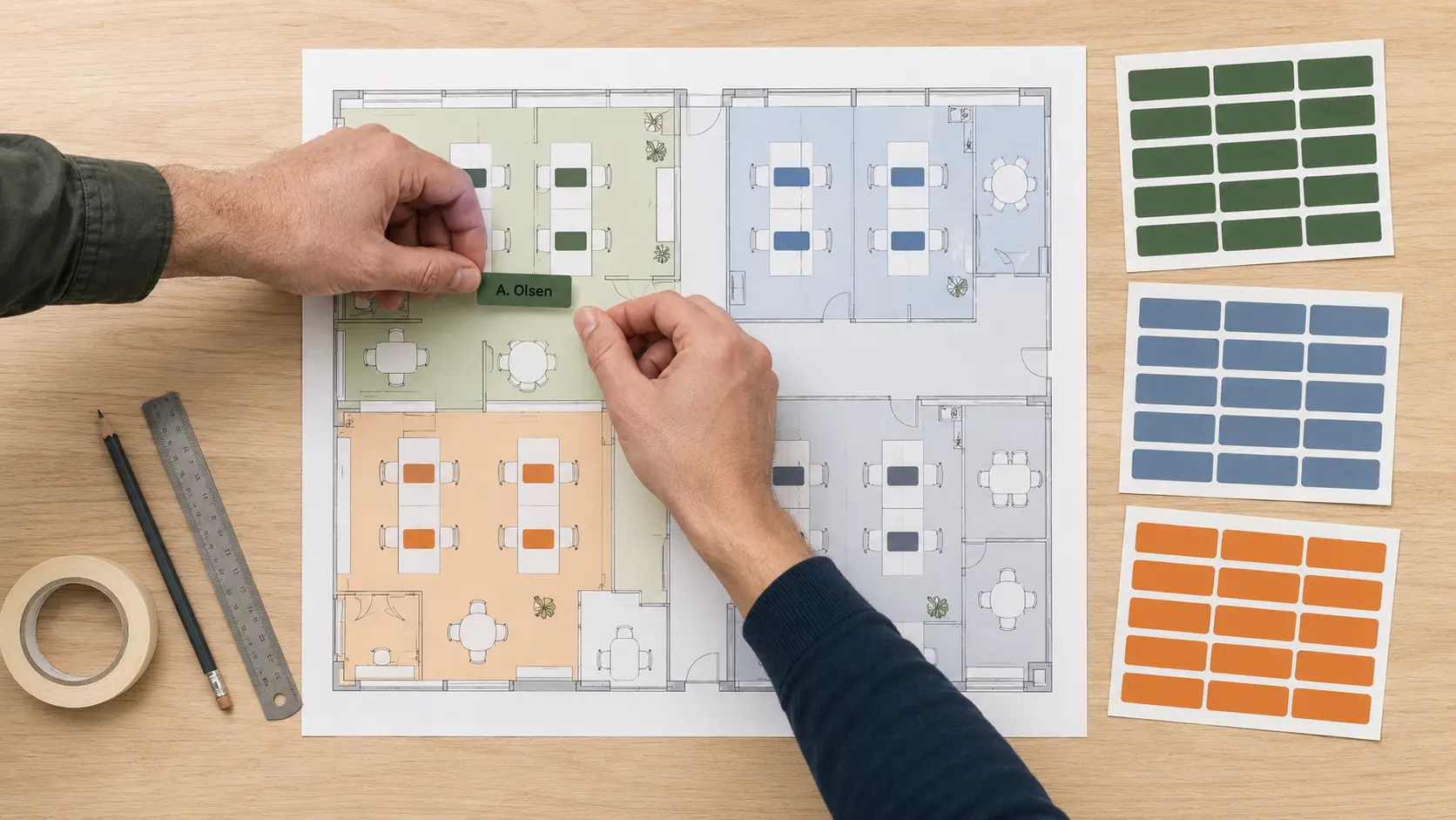 Plantegning av kontor med fargekodede merkeetiketter for soner og arbeidsplasser