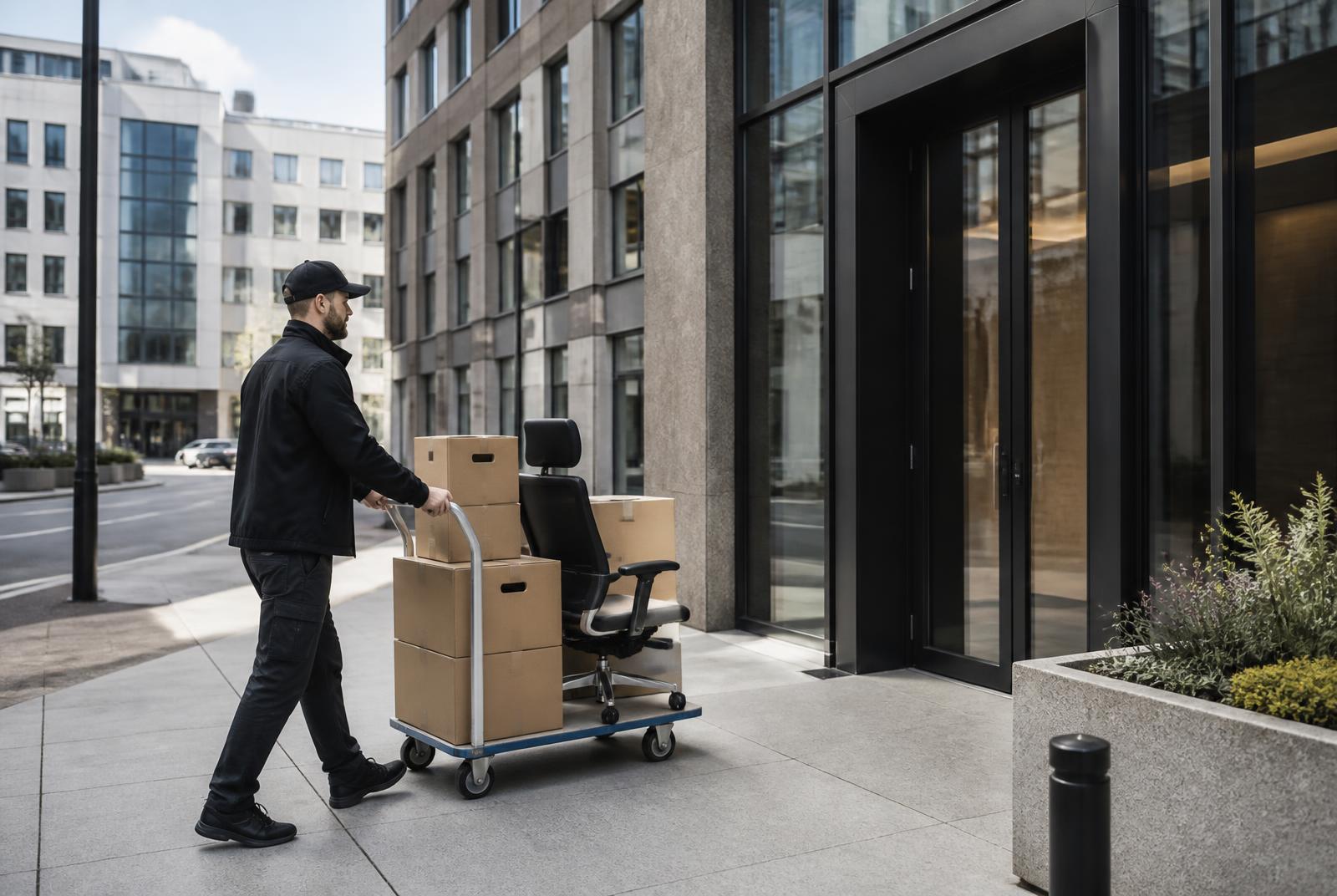 Flytter triller kontorstol og flyttekasser fra lastepunkt til inngangen i et bysentrum