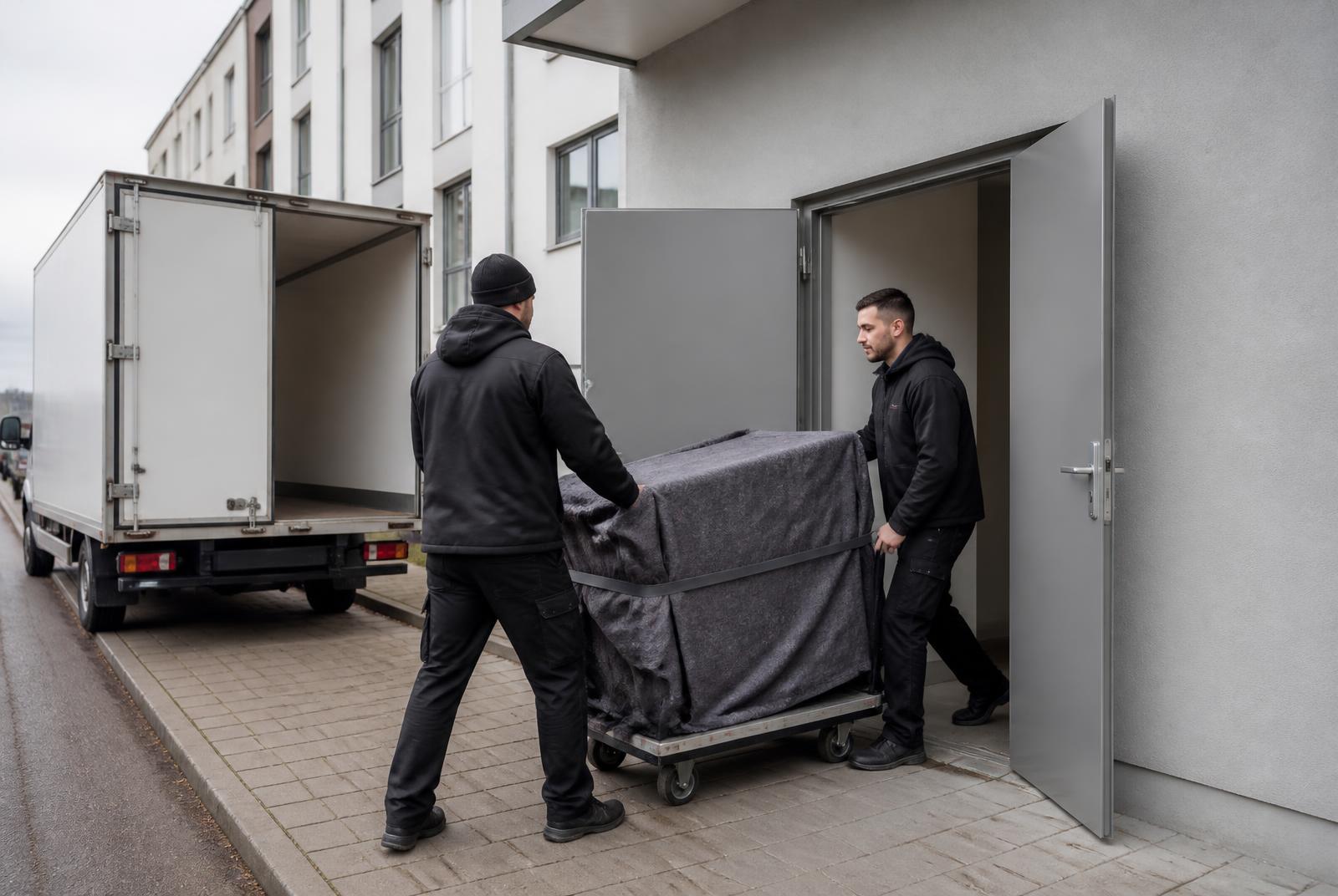 Flyttebil ved vareinngangen til et sentrumsbygg mens to flyttere triller innpakket kontorinventar inn gjennom en egen inngang