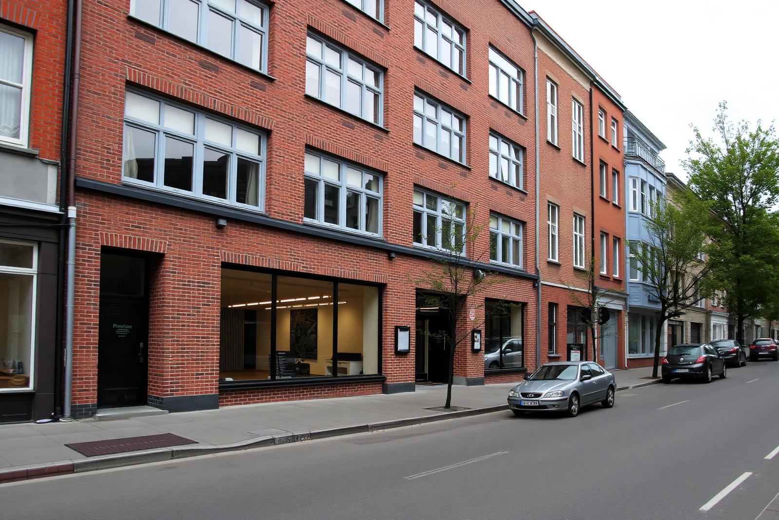 Kontorbygg i tegl langs en smal sentrumsgate med begrenset parkering, typisk gateadkomst ved kontorflytting i Moss sentrum